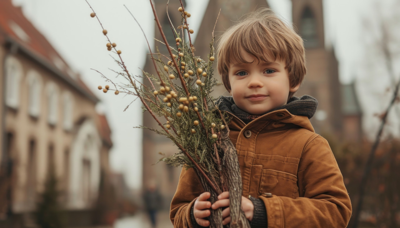 Little boy with willow tree in hands standing by a church, children in palm sunday photo
