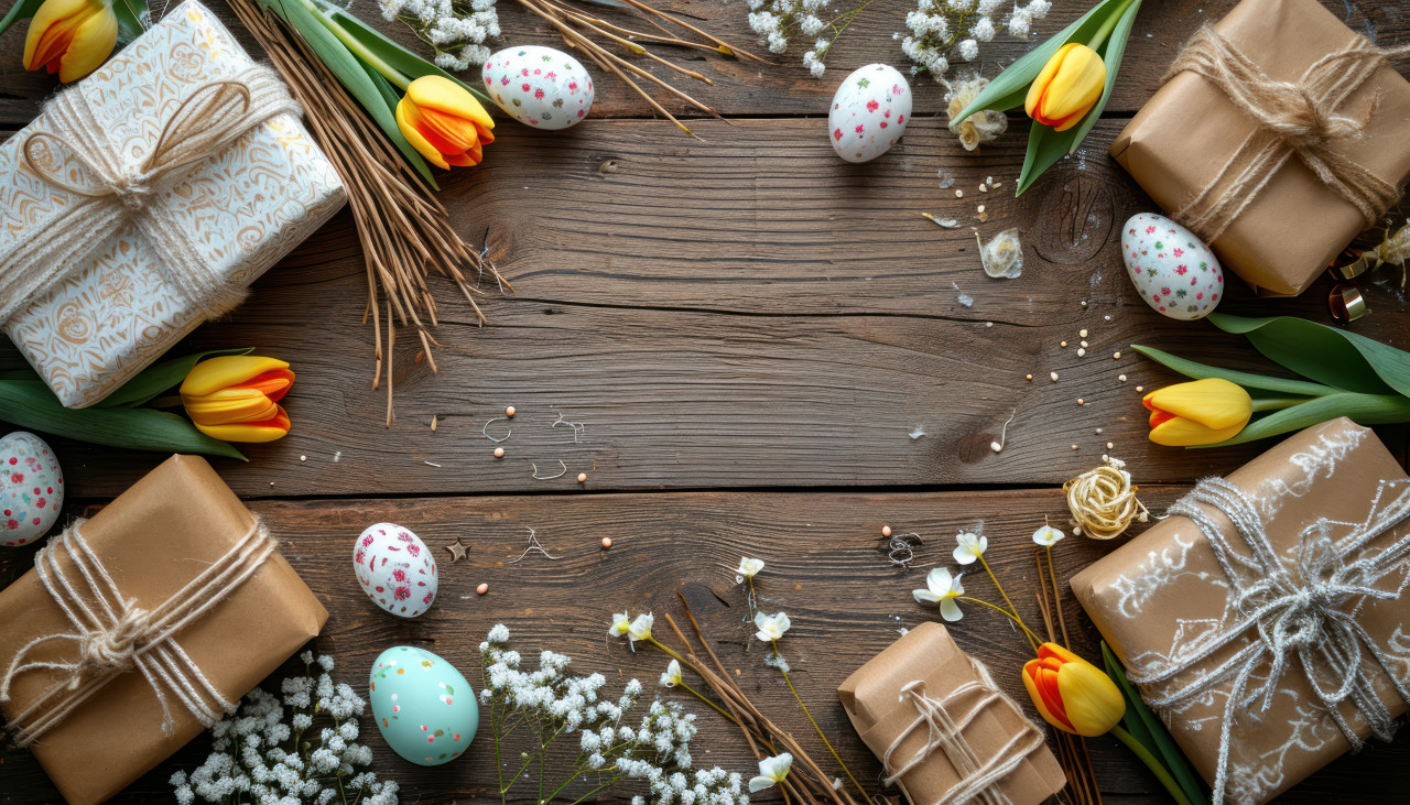 Wooden table adorned with gifts willow tulip flowers and easter eggs creating a festive atmosphere, palm sunday sunset image