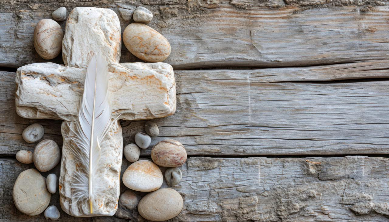 White stone cross with feather and pebbles on wood background, palm sunday greetings image