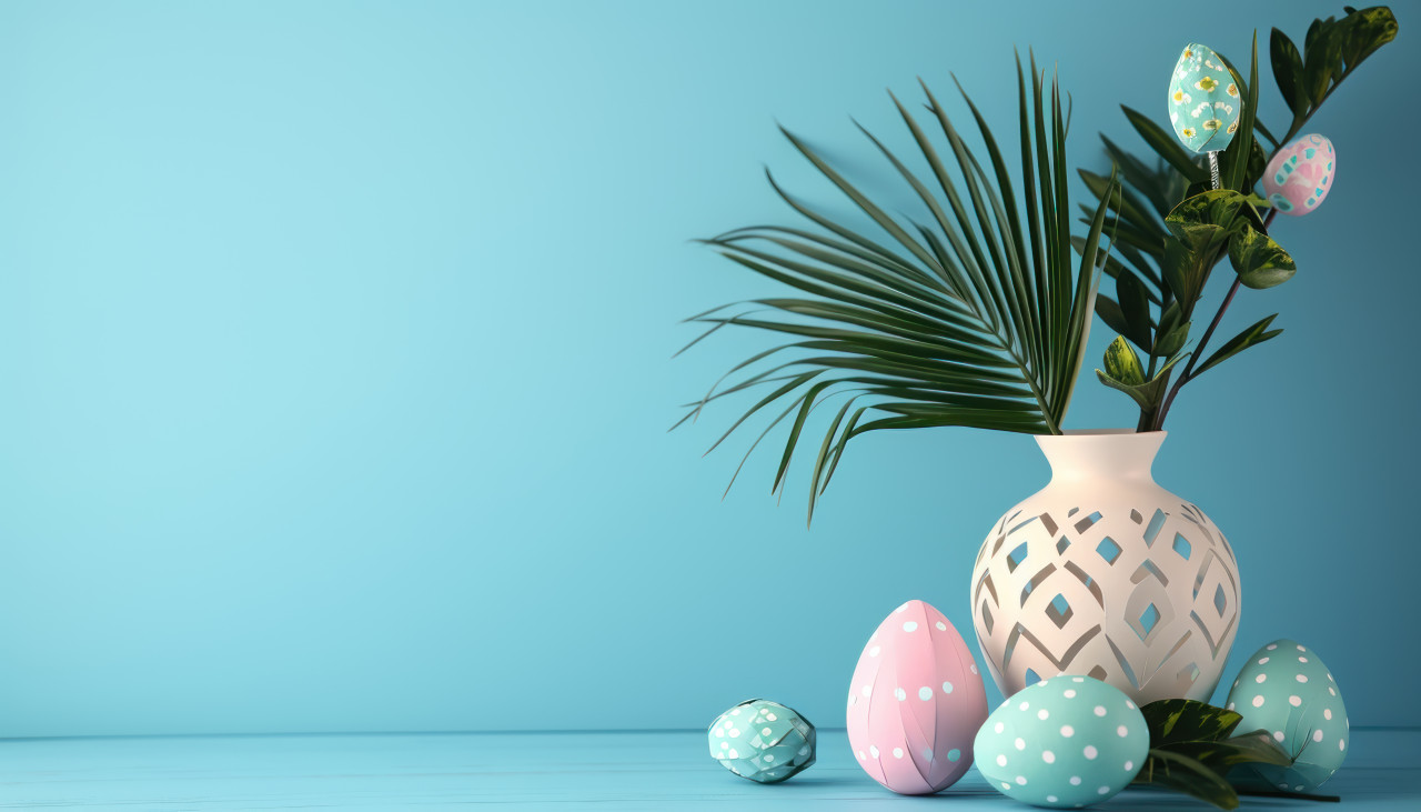 A beautiful ivory vase with a palm leaf and a paper craft easter egg against a blue background, palm sunday sunset concept