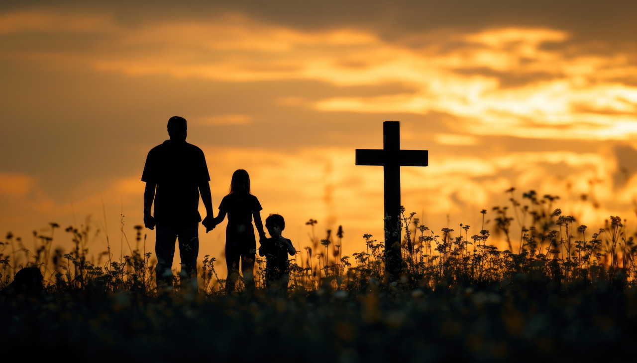 Silhouettes of a family next to a christian cross, palm sunday sunset concept