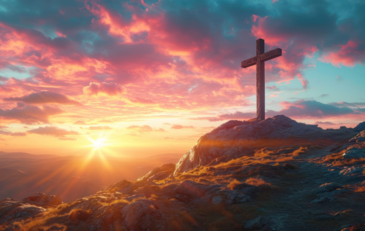 Cross atop mountain overseeing a beautiful sunset, palm sunday sunset picture