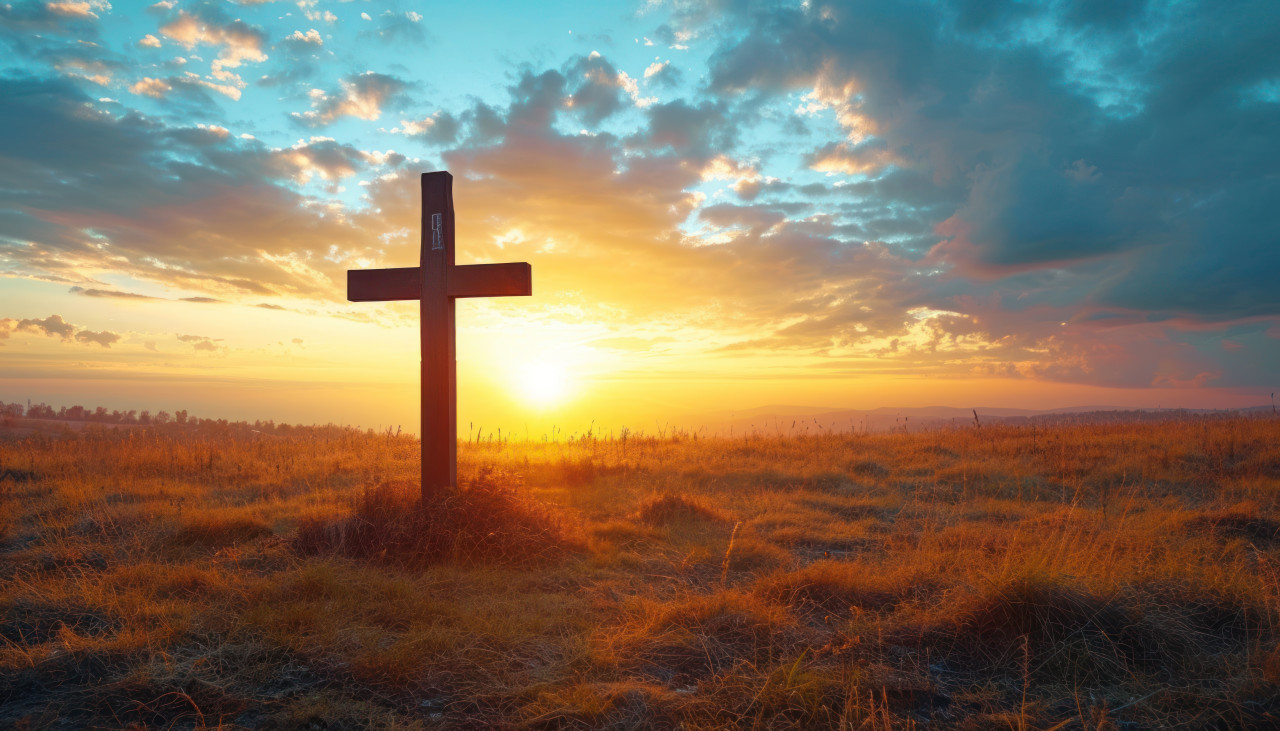 A cross standing in autumn sunrise meadow, palm sunday sunset picture