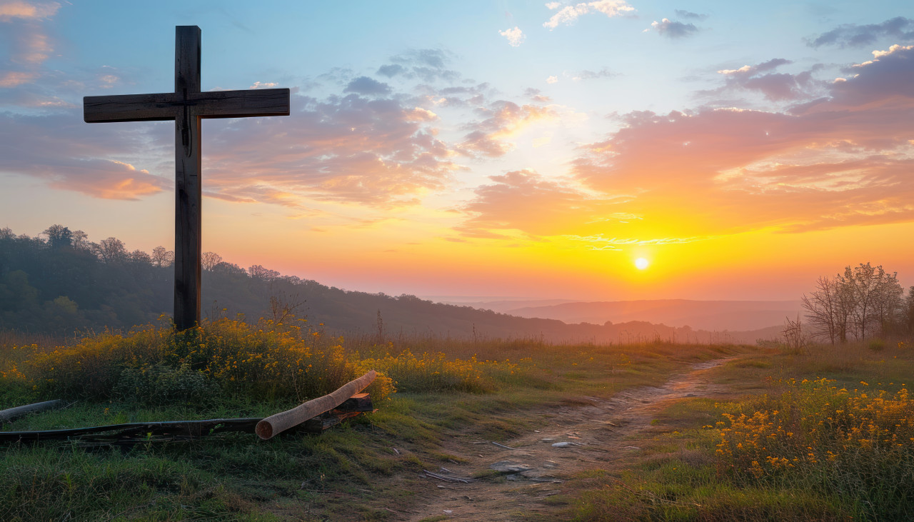 A cross in a meadow during autumn sunrise, palm sunday sunset photo