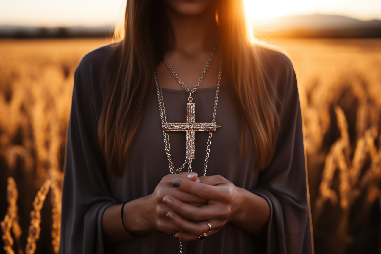 Person holds cross pendant embracing the sunrise with hope and faith, palm crosses concept