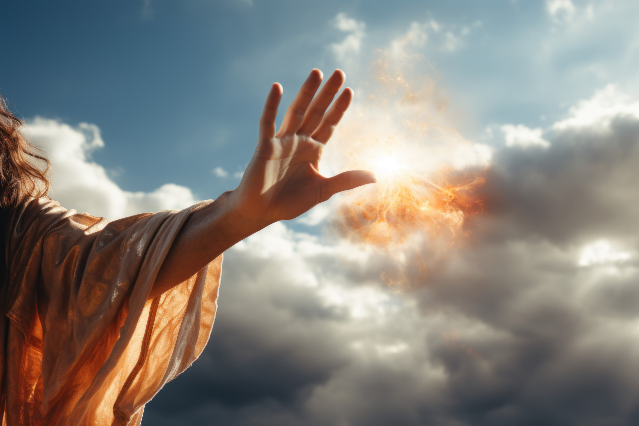 White jesus hand holds sky clouds and sun in a divine gesture, palm crosses photo