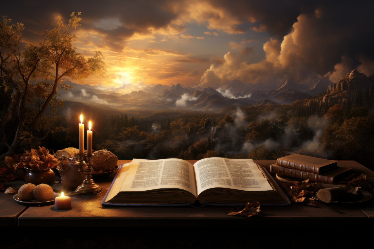 Open holy bible on table at sunrise serene and sacred moment, palm crosses image