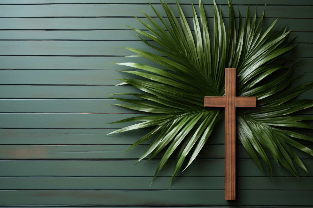 Green palm leaf and cross against a brown wooden background, palm crosses picture
