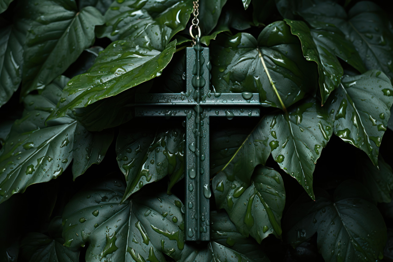Wooden cross rests on rainy green leaf a symbol of peace and nature, palm sunday greetings photo