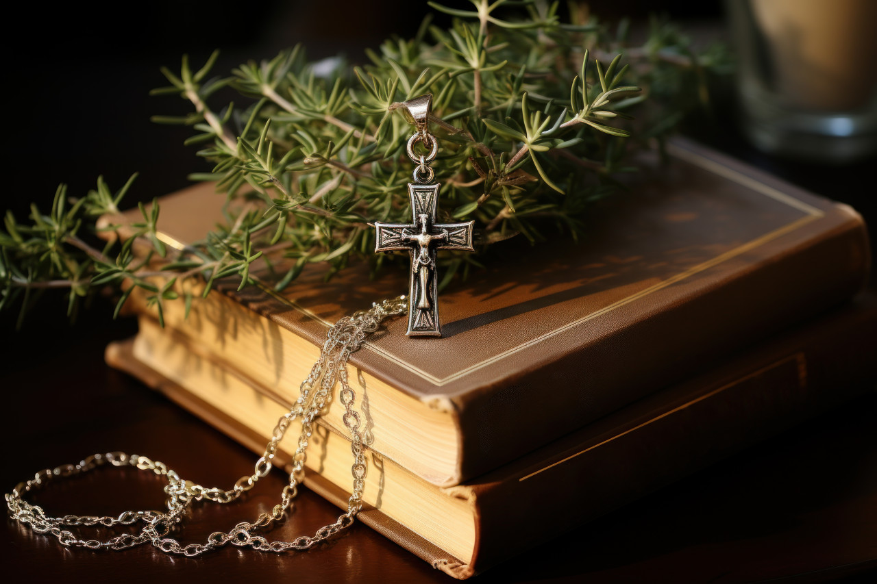 Antique cross surrounded by books and herb creating a serene and spiritual atmosphere, palm sunday greetings concept