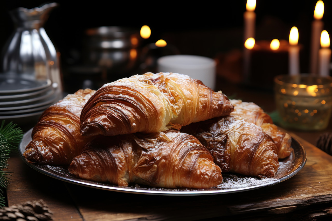 Baking delicious croissants to pair perfectly with mulled wine apricot and walnut infused coffee, palm sunday meals concept