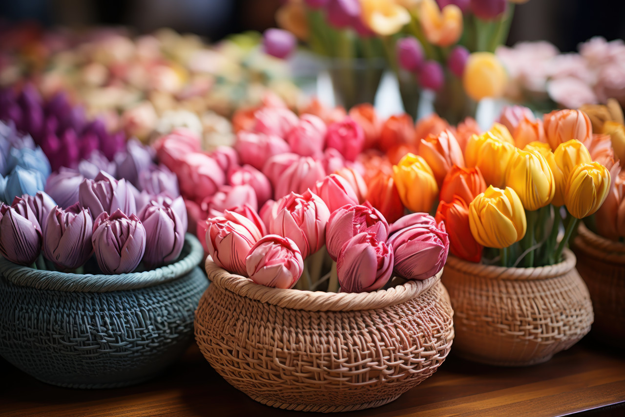Colorful tulips in baskets hang on a flower display creating a vibrant and cheerful scene, palm sunday crafts concept