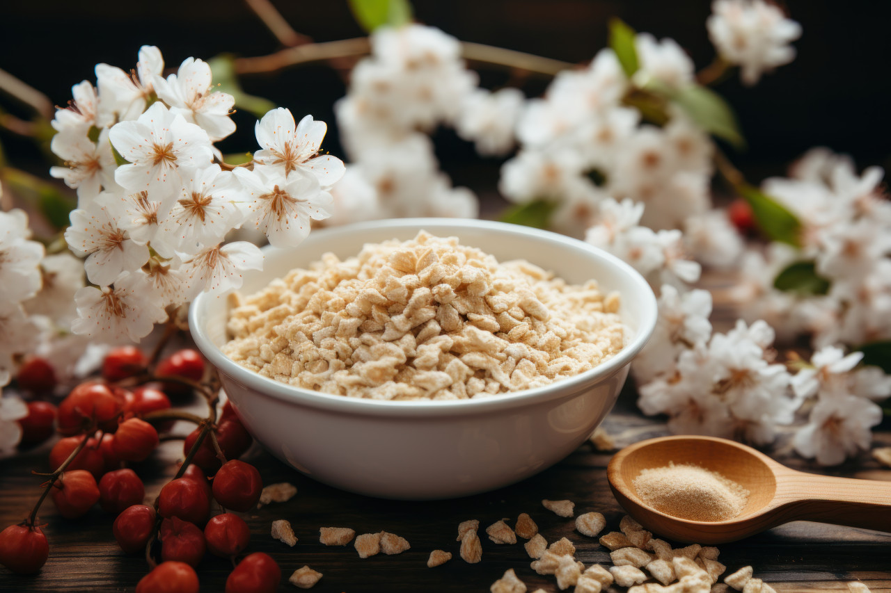 Shredded cereal in white bowl beside blossoming branch creating a delightful breakfast scene, palm sunday meals photo