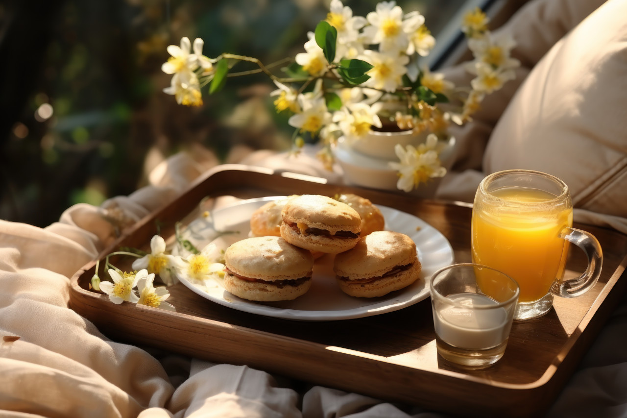 A tray holds tea and a pastry for a delightful snack creating a cozy scene for a relaxing break, palm sunday meals photo