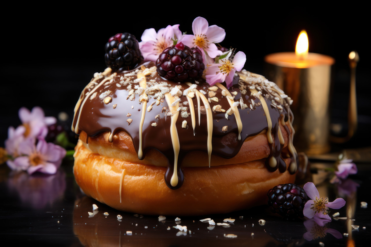Delicious chocolate bun adorned with gold details perfect for a sweet treat or celebration, palm sunday meals concept