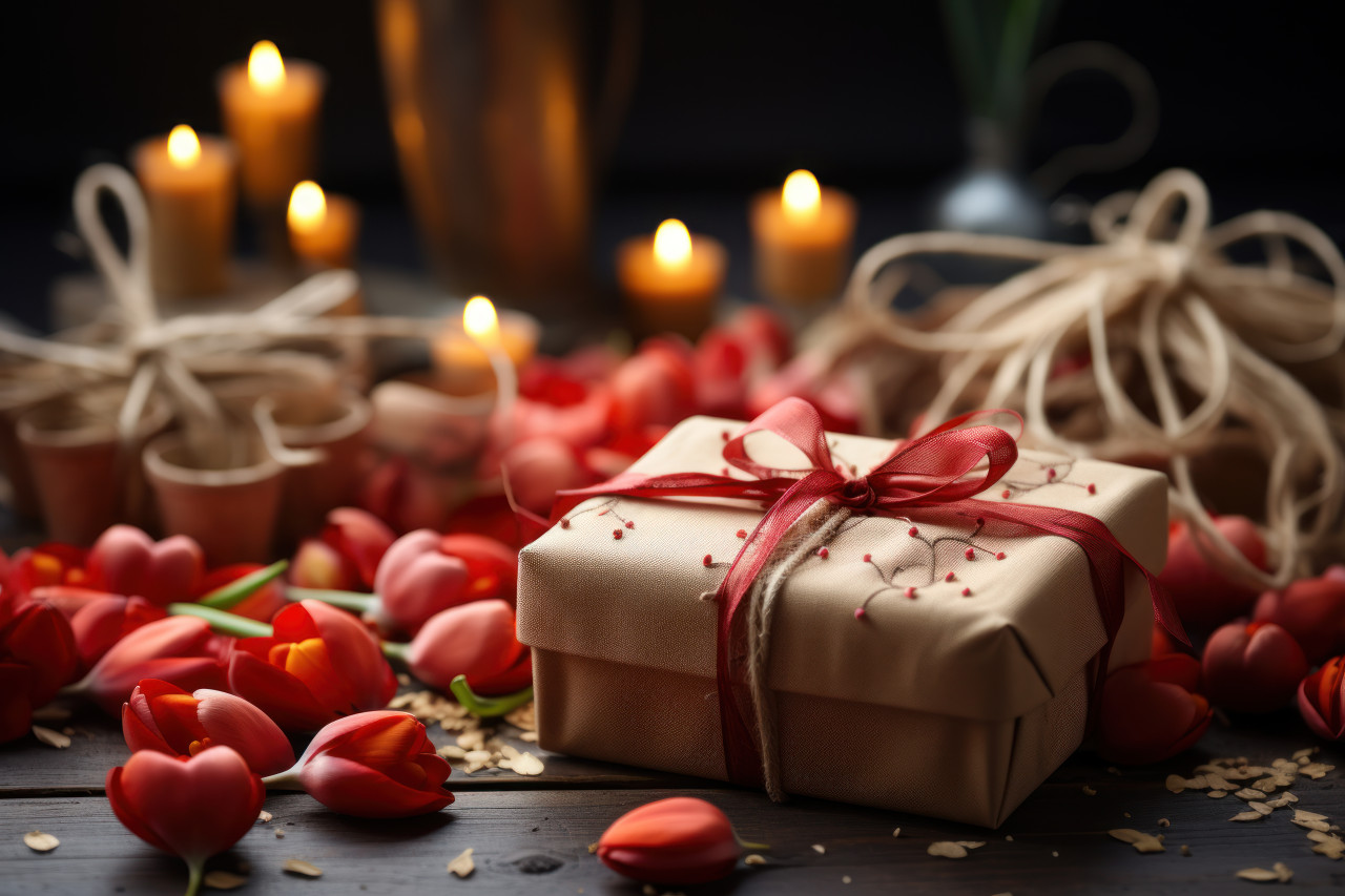 Heart shaped boxes hold red tulips threaded tulips and seeds on a table, palm sunday crafts photo