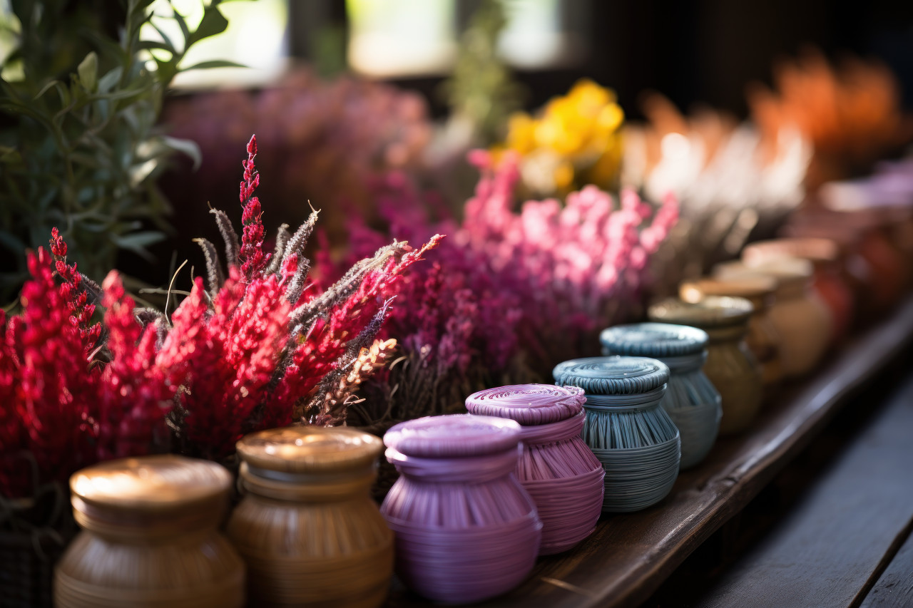 Colorful flowering herbs fill wicker vases beside wooden looms on a table creating a vibrant and aromatic setting, palm sunday crafts photo