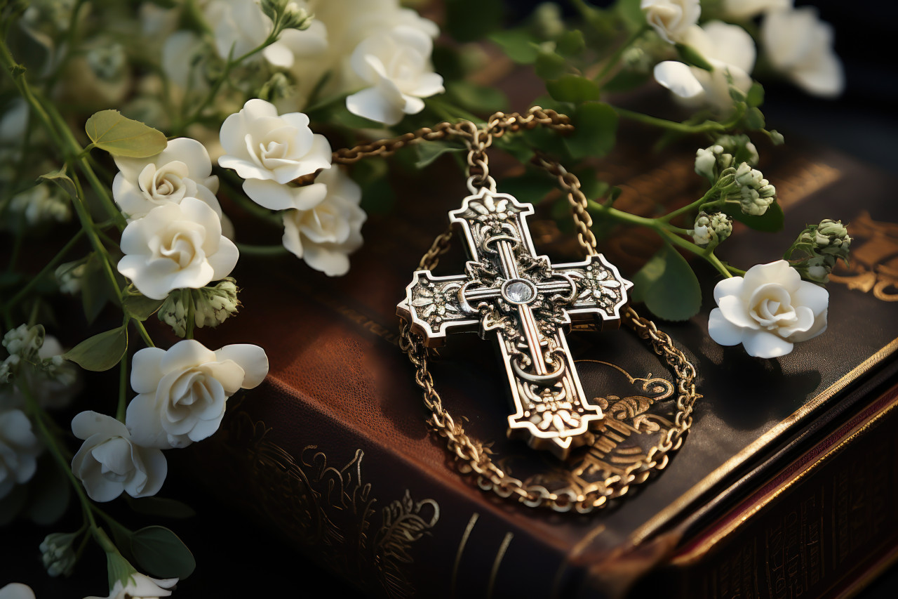 Ancient book and cross beside blooming flowers a serene scene with a vintage touch, palm sunday still life concept