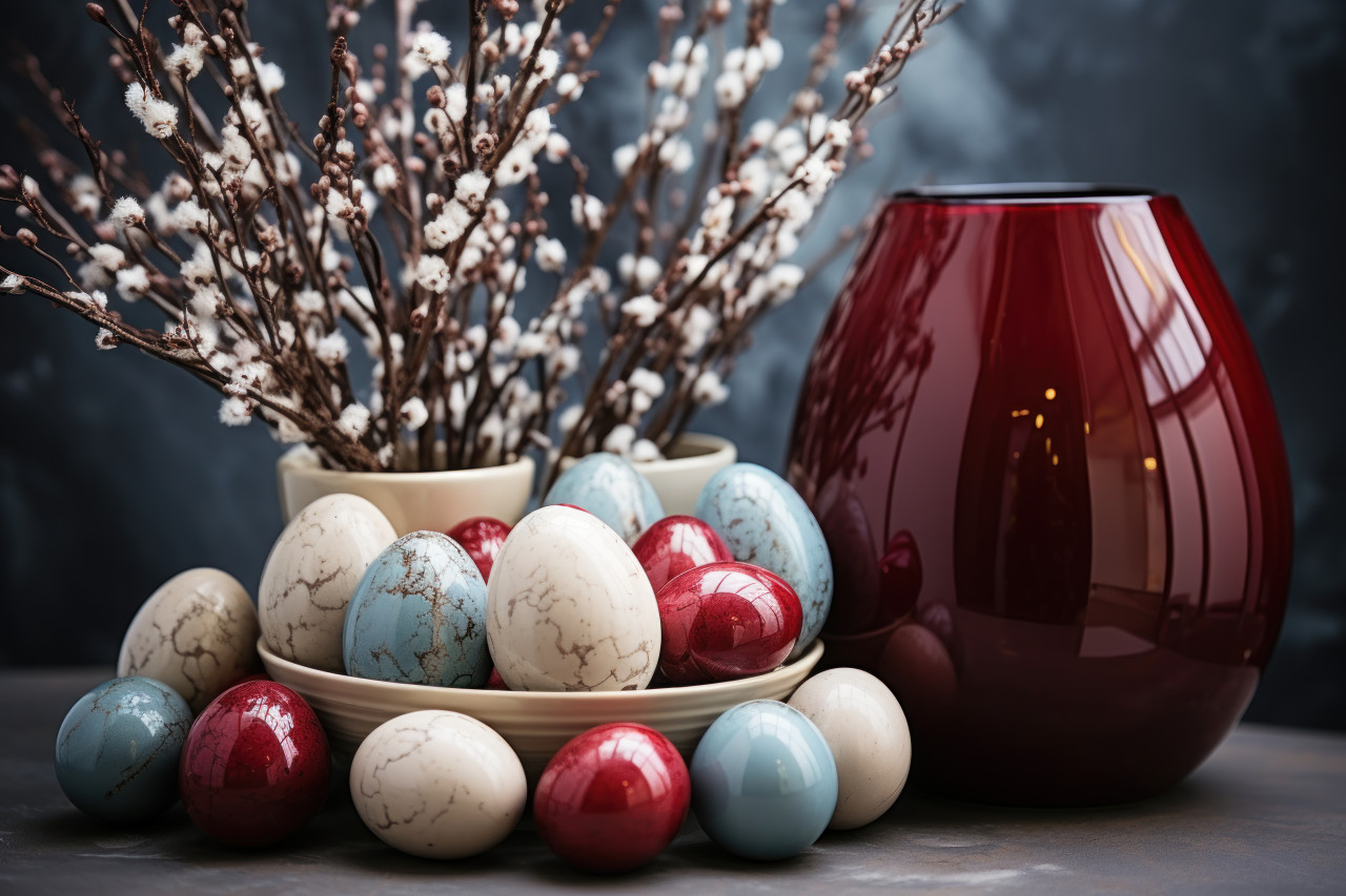 Colorful easter eggs arranged in a vase with vibrant grasses creating a festive and cheerful holiday display, palm sunday still life concept