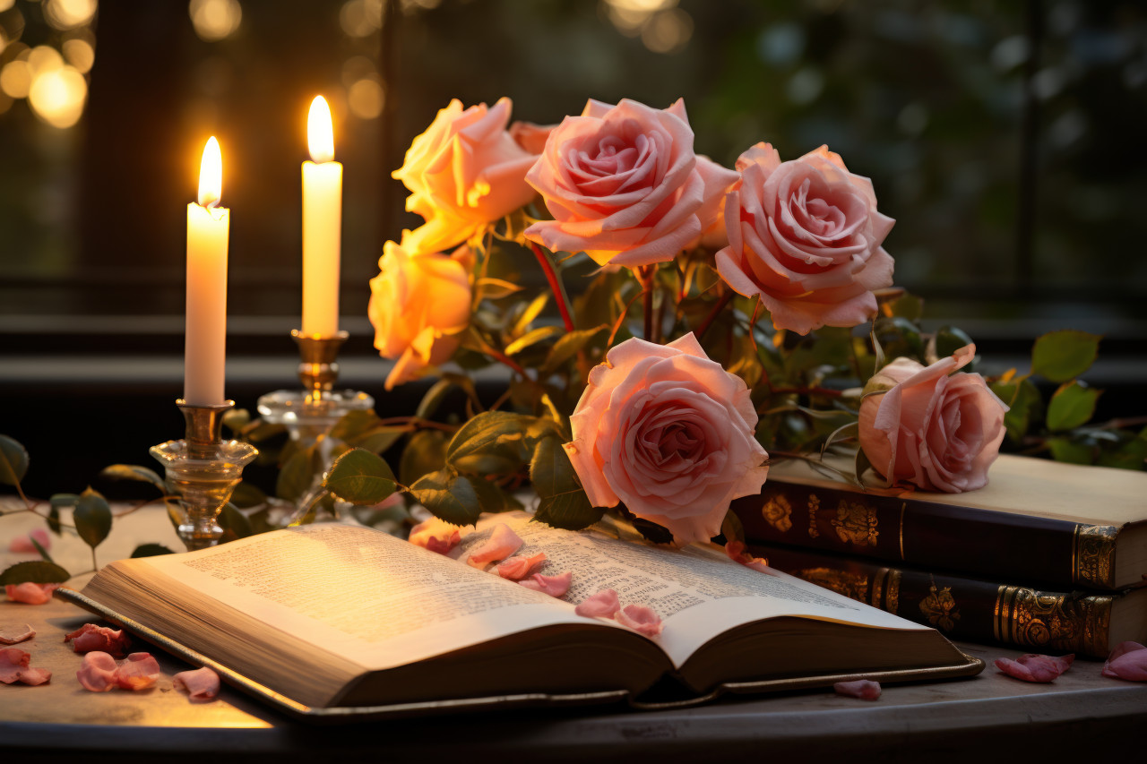 Open bible on table large rose sunrise, palm sunday still life photo