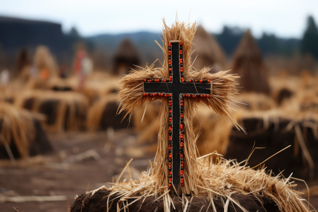 Large cross with pheromone in front symbolizing spiritual connection and natural attraction, palm sunday crafts concept