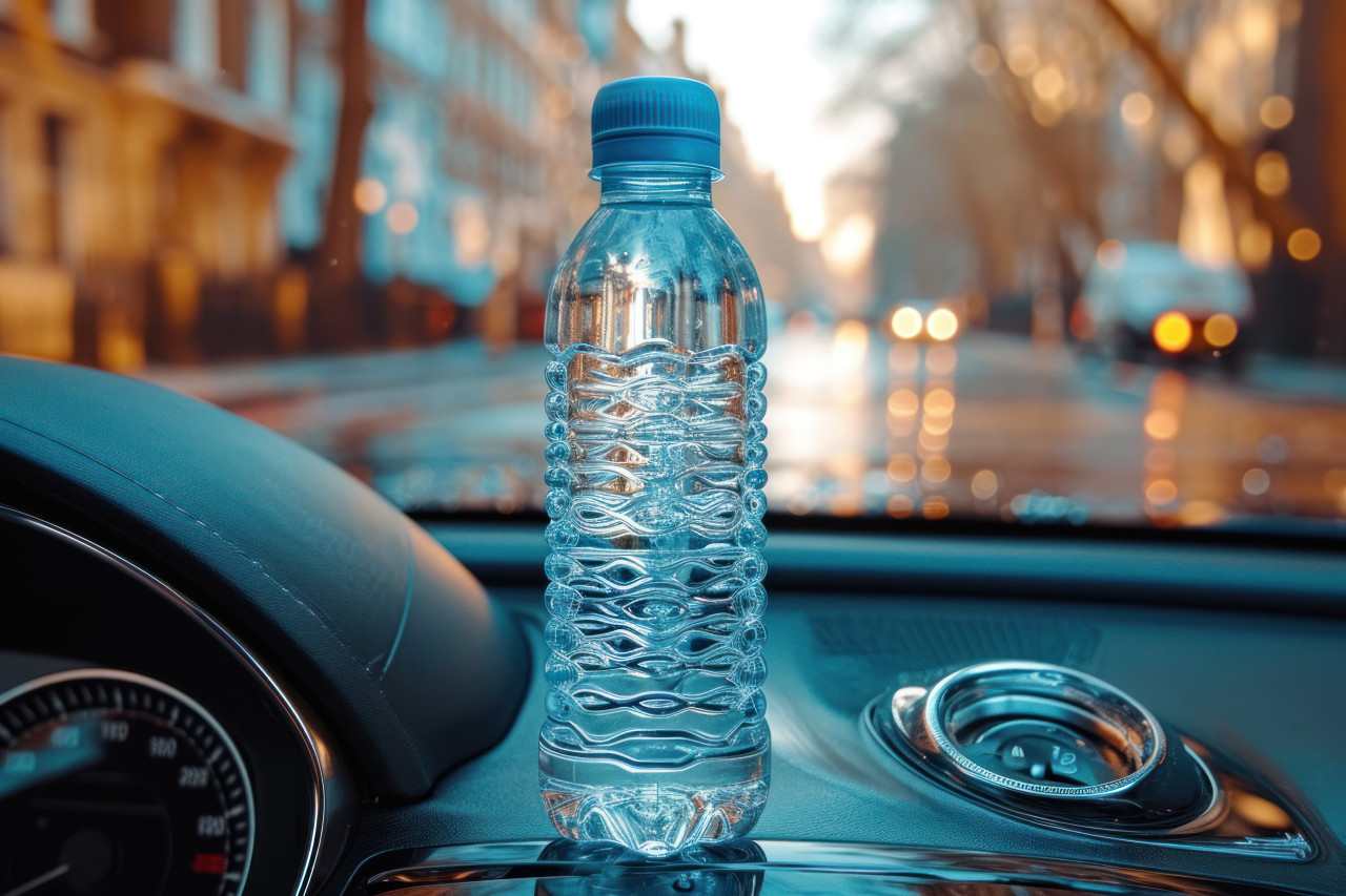 Bottle on car dashboard, clean water access concept
