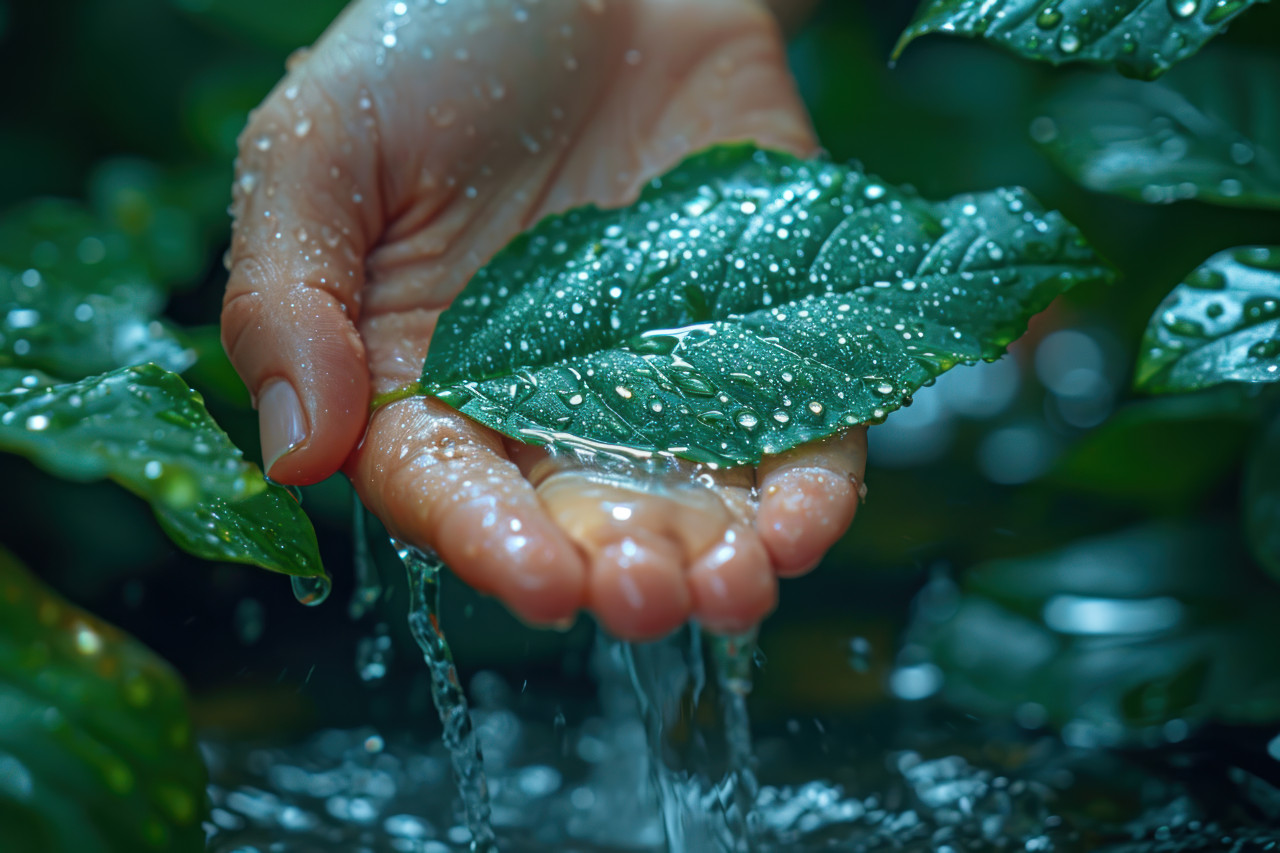 Hand pouring water on a garden with a lush green leaf, clean water access image