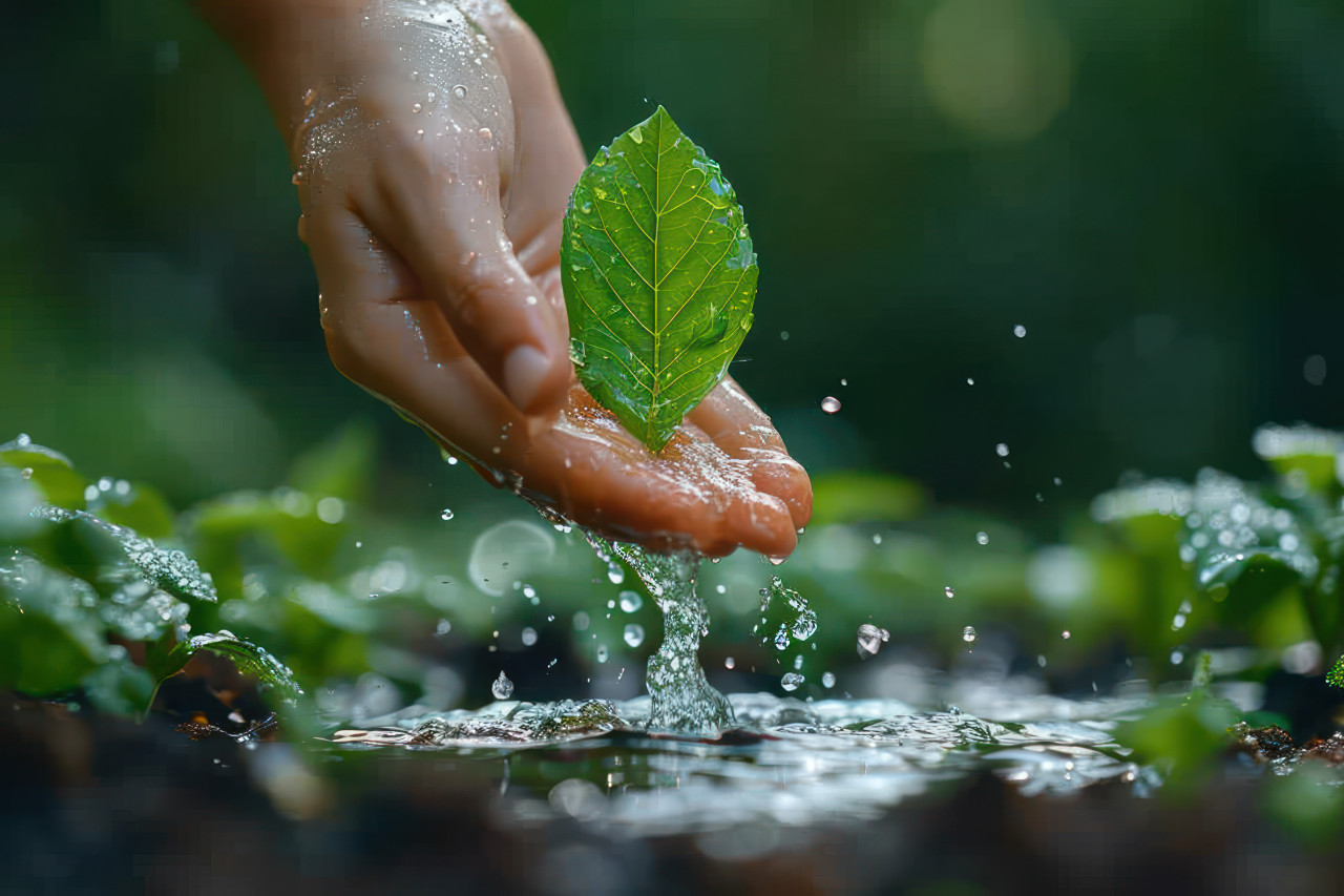 Man at home sitting pouring water into glass at wooden table, hydration lifestyle concept