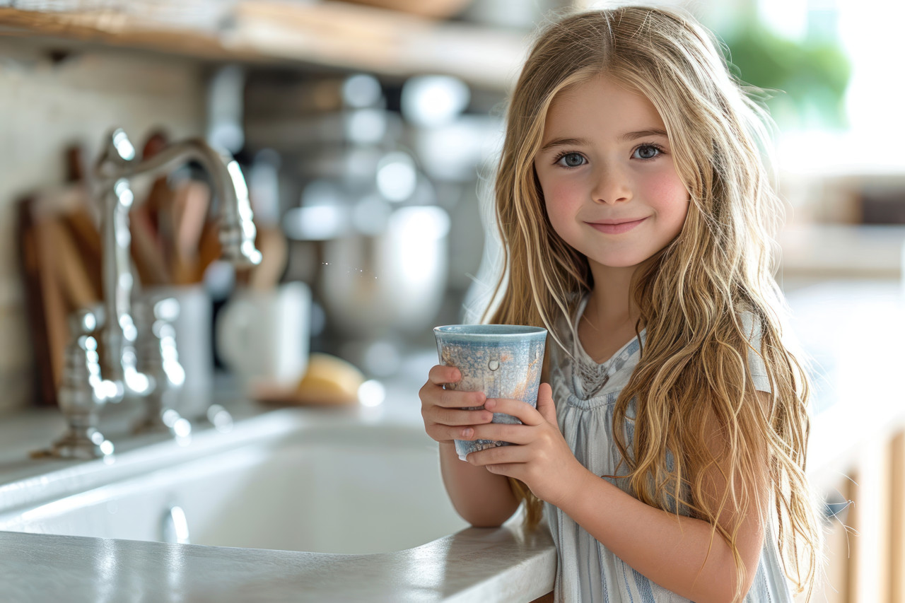 Young girl holding cup drawing water from kitchen sink, clean water access concept