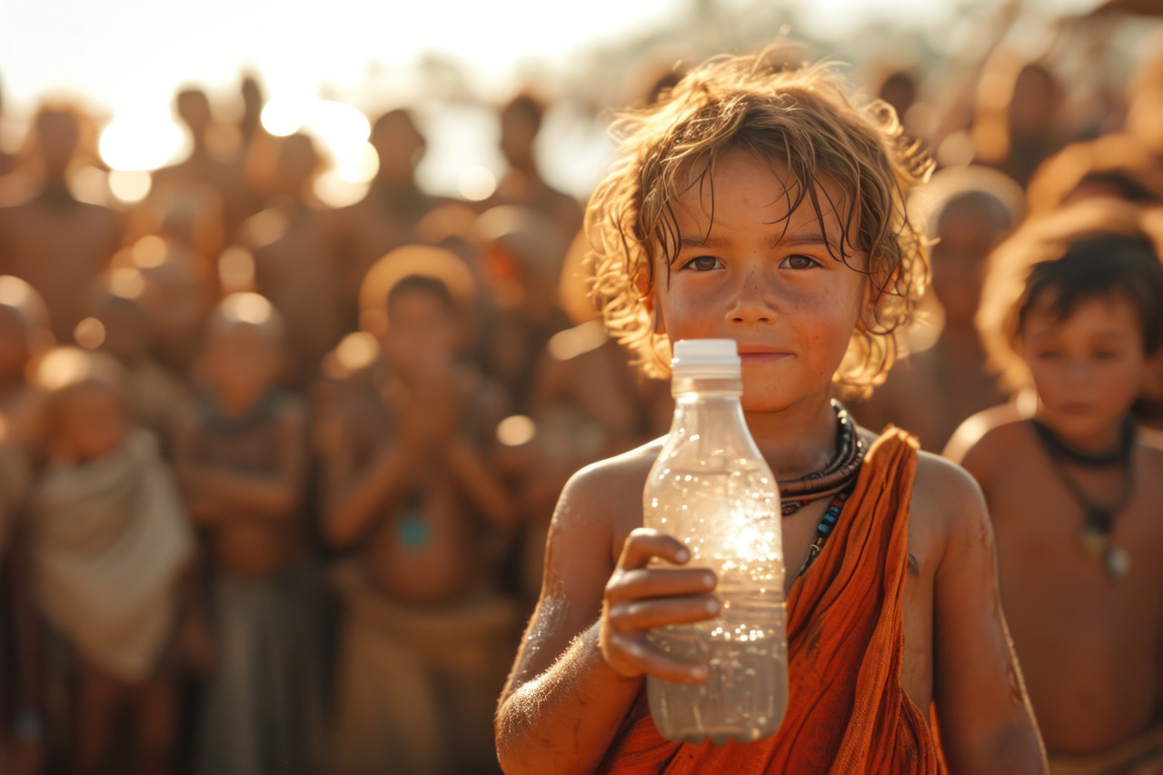 Kid holds water bottle in front of people showcasing hydration amidst a lively crowd, clean water access photo