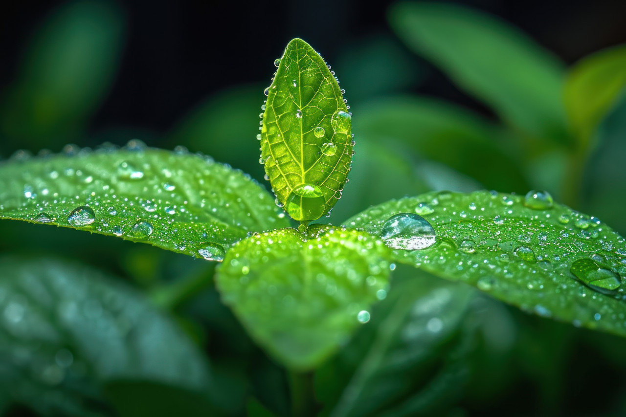 Water drop on vibrant green leaf glistening in natural light, water conservation concept