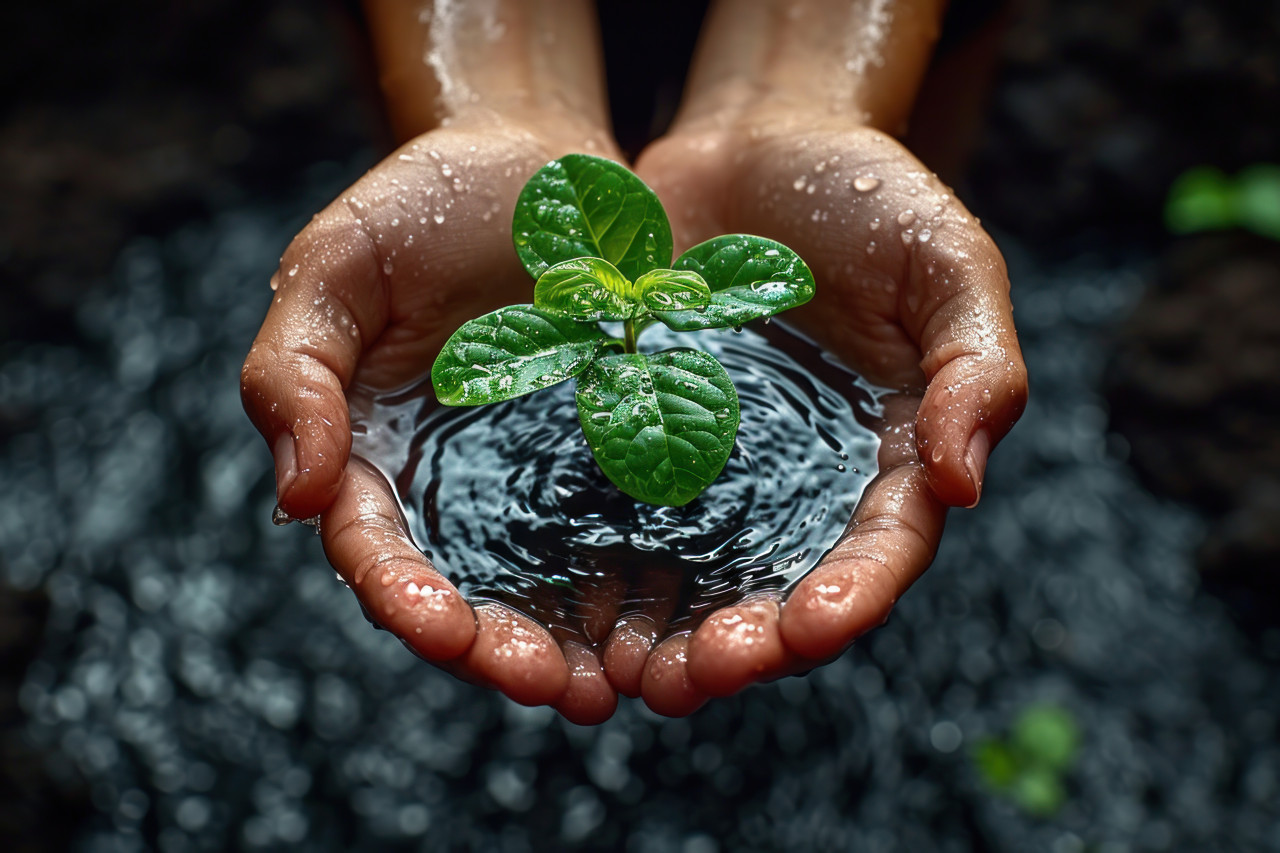 Water concept on black background with plant held in hands, water conservation photo