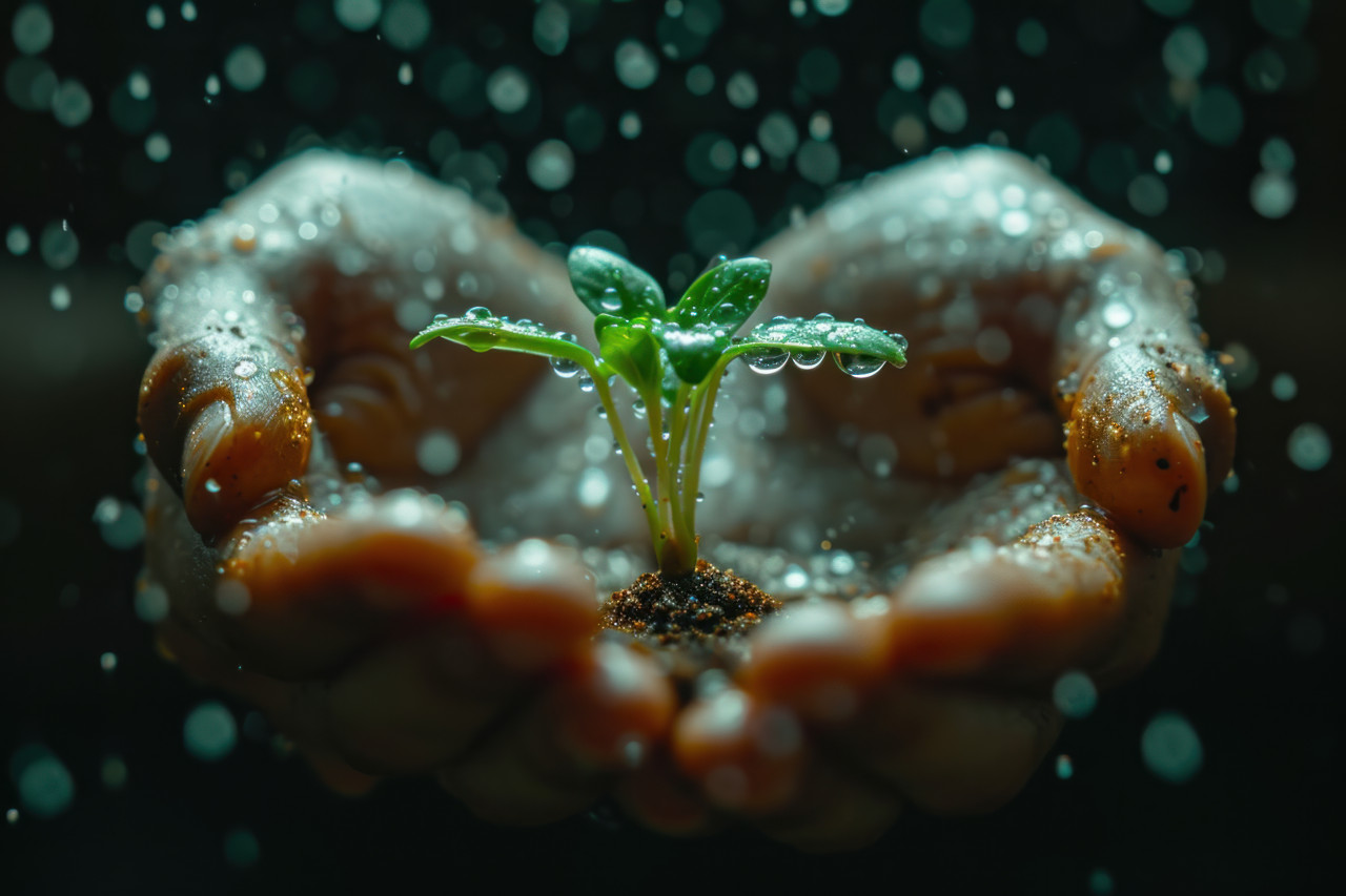Hands cradle a small sprout in dusty soil nurturing growth with care and hope, water conservation photo