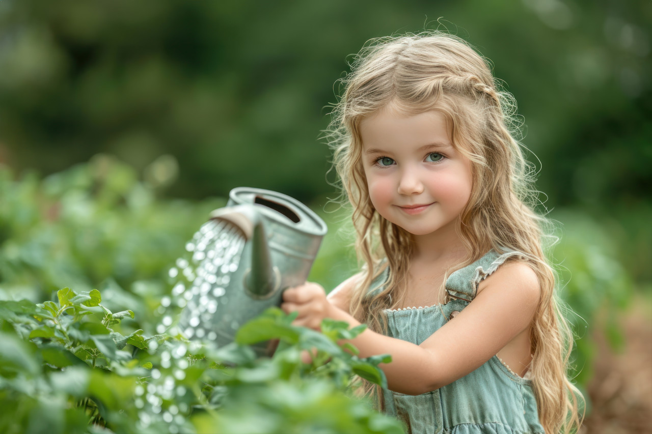 Young girl waters a field nurturing plants to grow food, water conservation concept