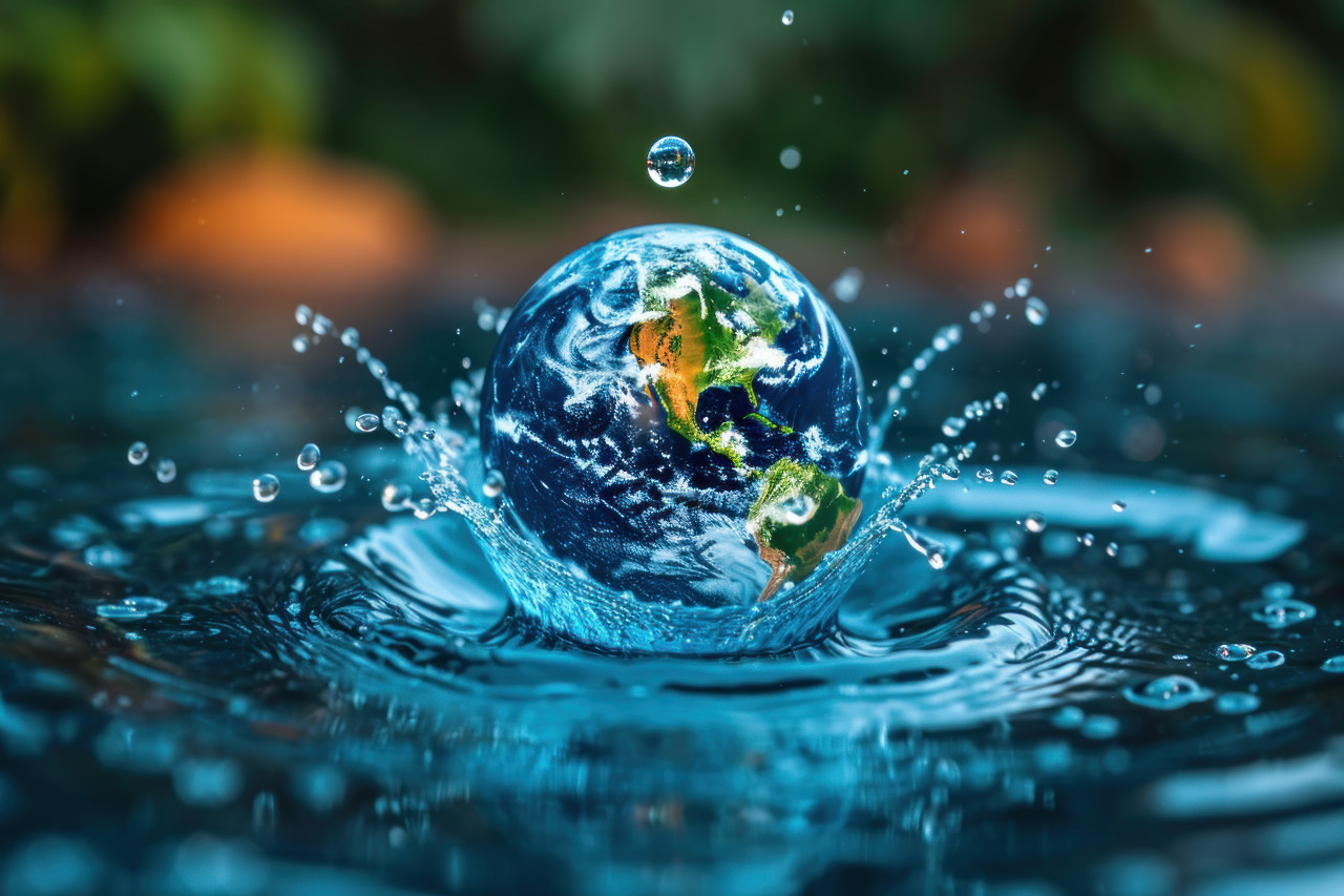 Earth embedded in a water drop a stunning representation of our planet encapsulated in a single droplet, water conservation concept