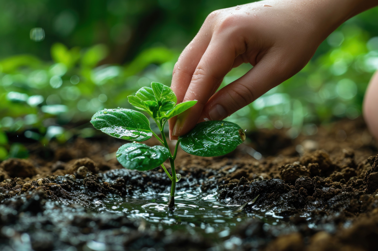 Hand planting green plant in soil nurturing new life in garden, water conservation photo