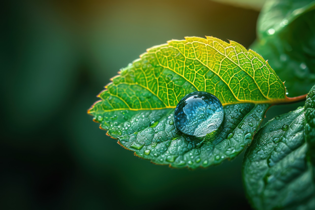 Clear water drop glistens on a vibrant green leaf capturing the beauty of nature delicate balance, nature and water picture