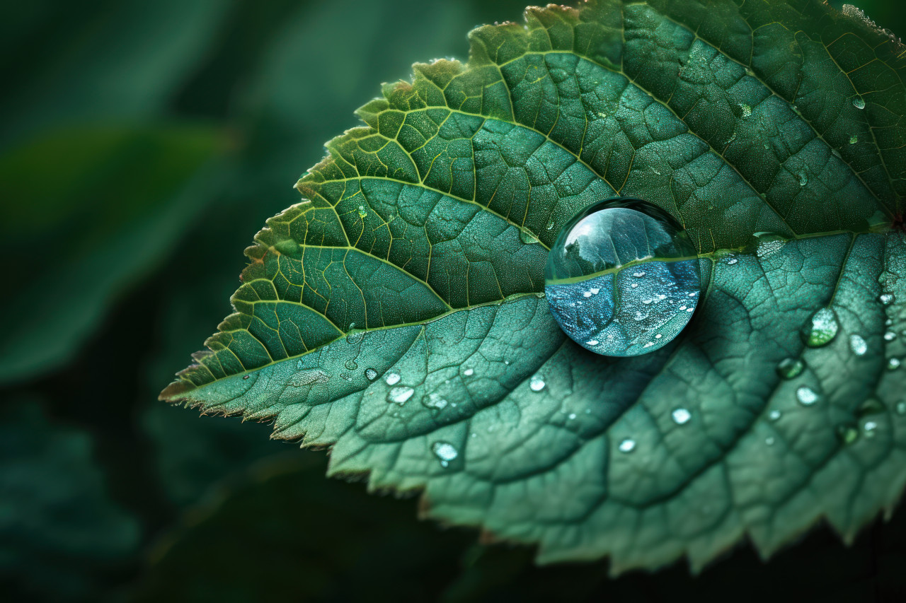Clear water drop glistens in a leaf on a vibrant green background nature delicate beauty captured in a single moment, nature and water concept