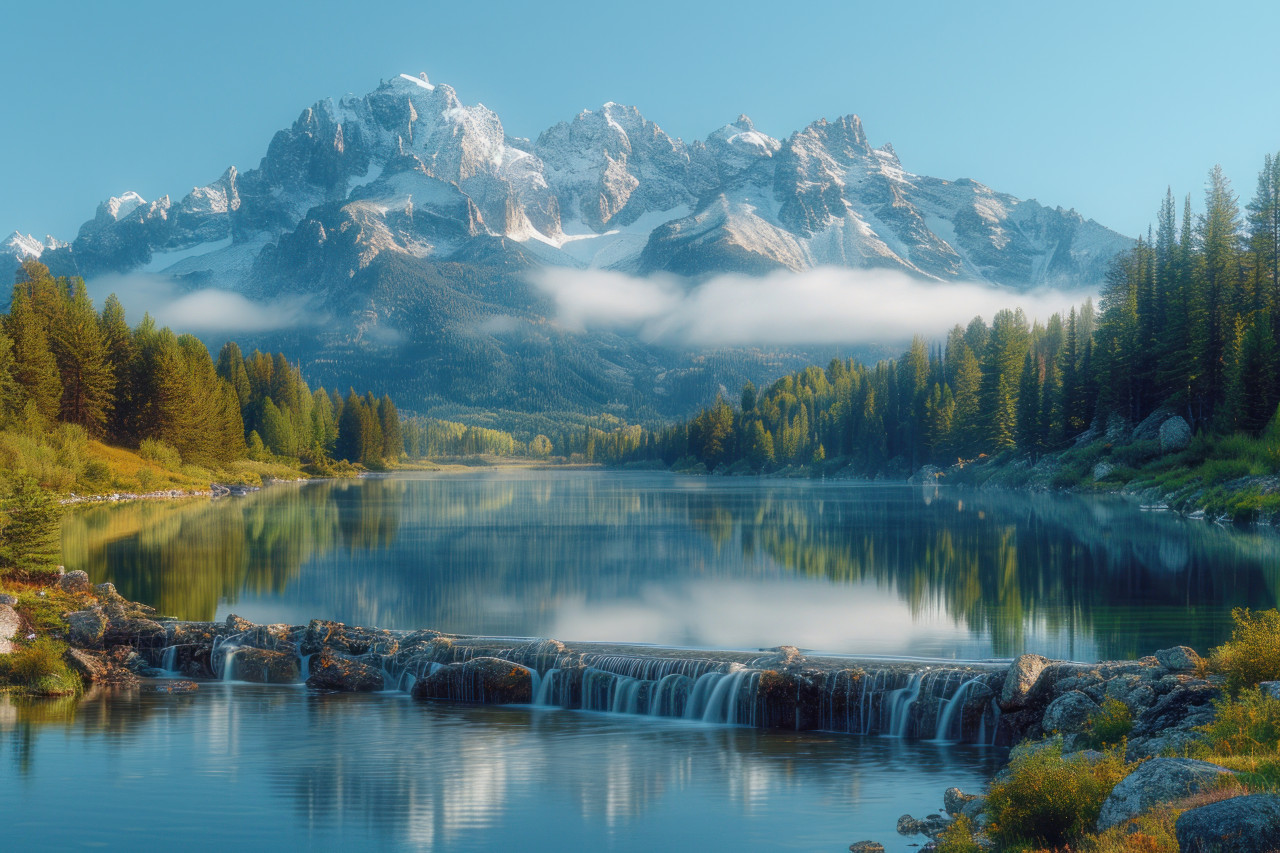 Grand teton mountains reflect majestically in white water dam creating a breathtaking scene of natures beauty, nature and water concept