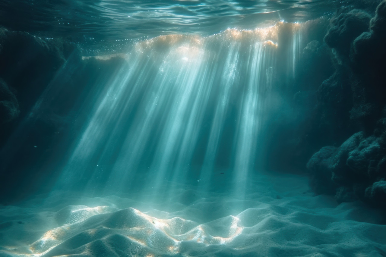 Beams of light underwater illuminate the water surface in a mesmerizing display of aquatic radiance, nature and water concept