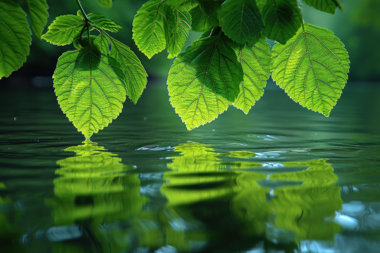 Vibrant green leaves reflect in calm water creating a serene and natural scene of beauty, nature and water concept