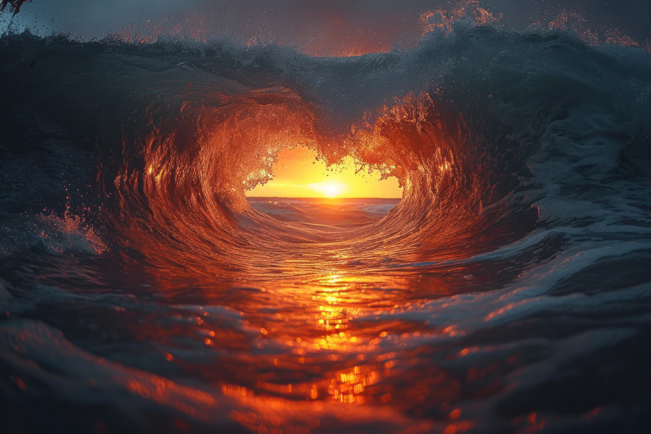 A heart shaped wave in the ocean at sunset creating a beautiful and romantic scene, nature and water photo
