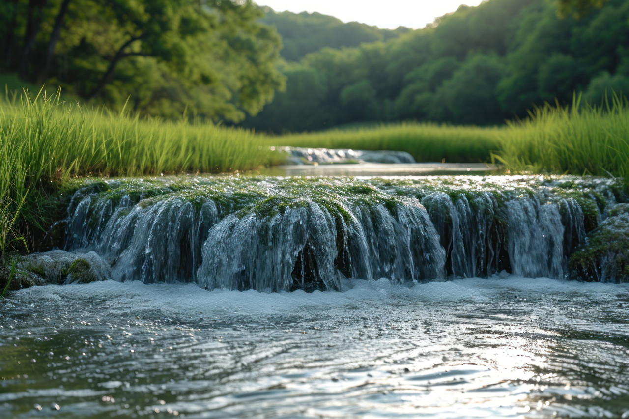 Water running into grass with a waterfall in the background creating a serene natural scene, nature and water concept