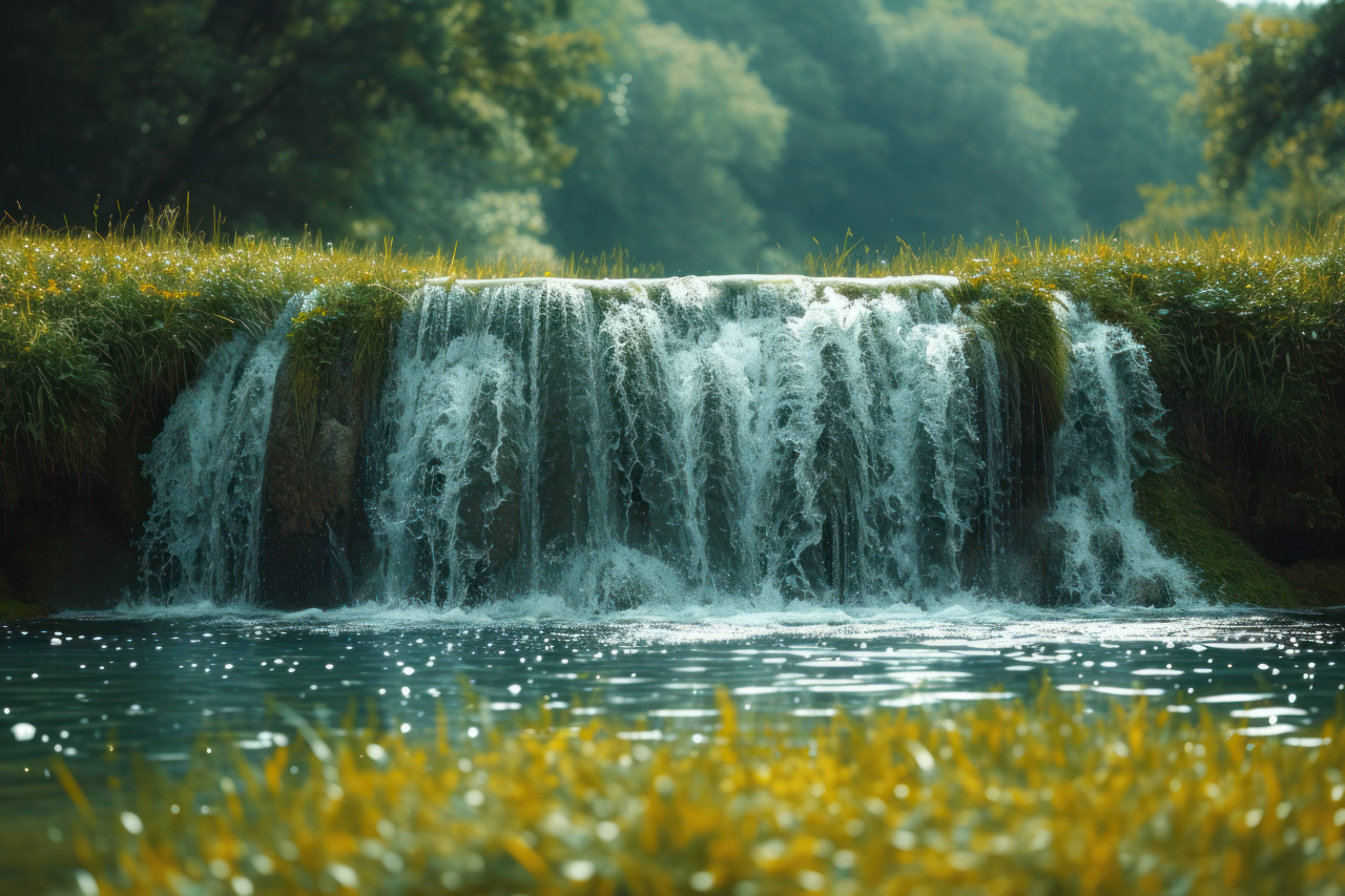 Water running into grass with a waterfall in the background creating a serene and natural scene, nature and water photo