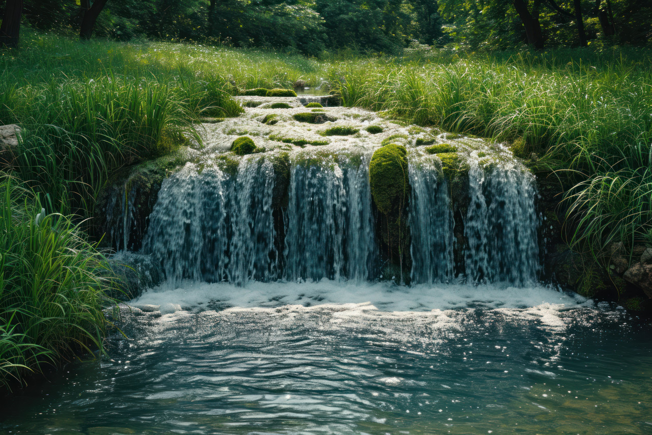 Water flows into lush grass with a distant waterfall creating a serene natural scene, nature and water picture