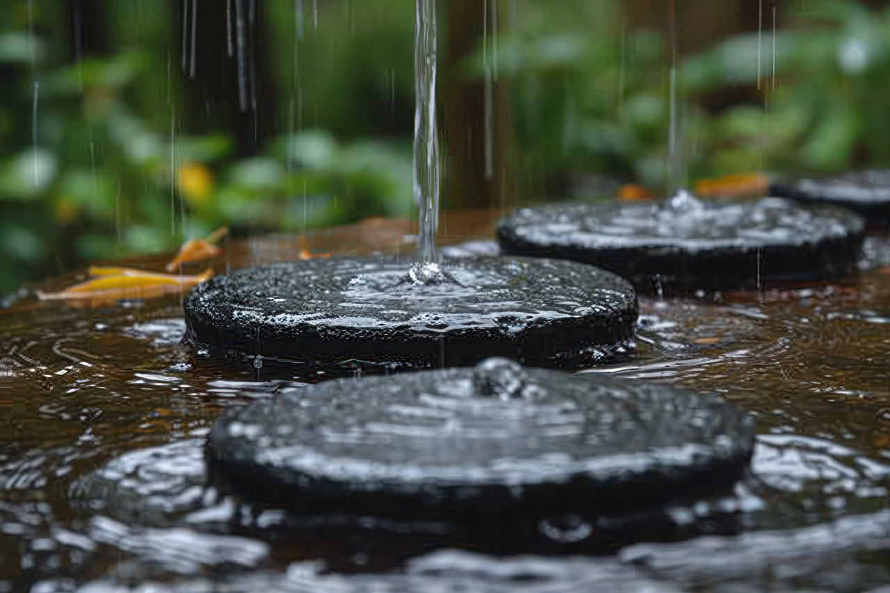 Water pours down black stones along a bamboo stump creating a serene and natural scene with a peaceful flow, water flow concept