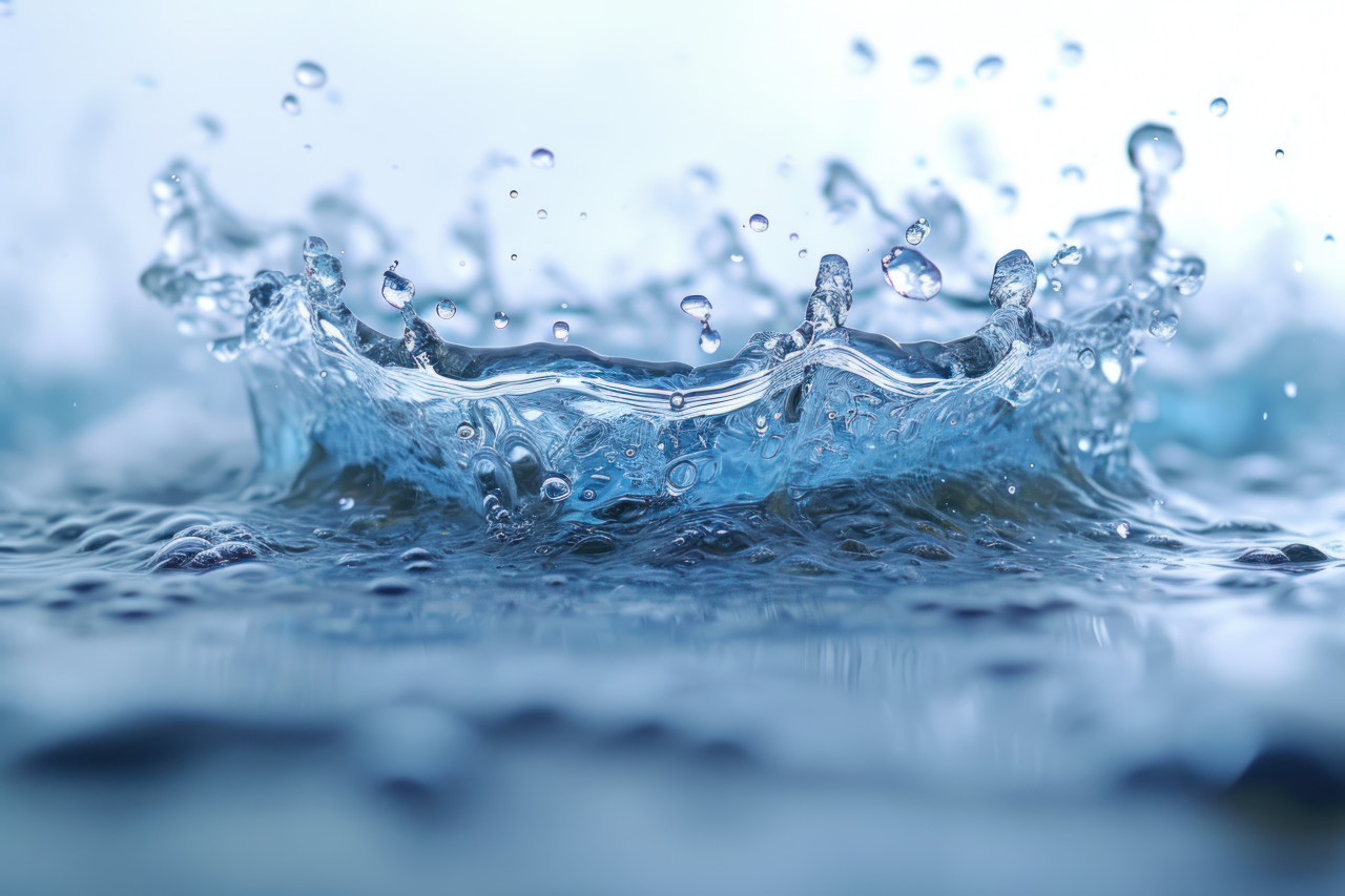Clear water splashes against a white backdrop creating dynamic and refreshing visual impact, water flow photo