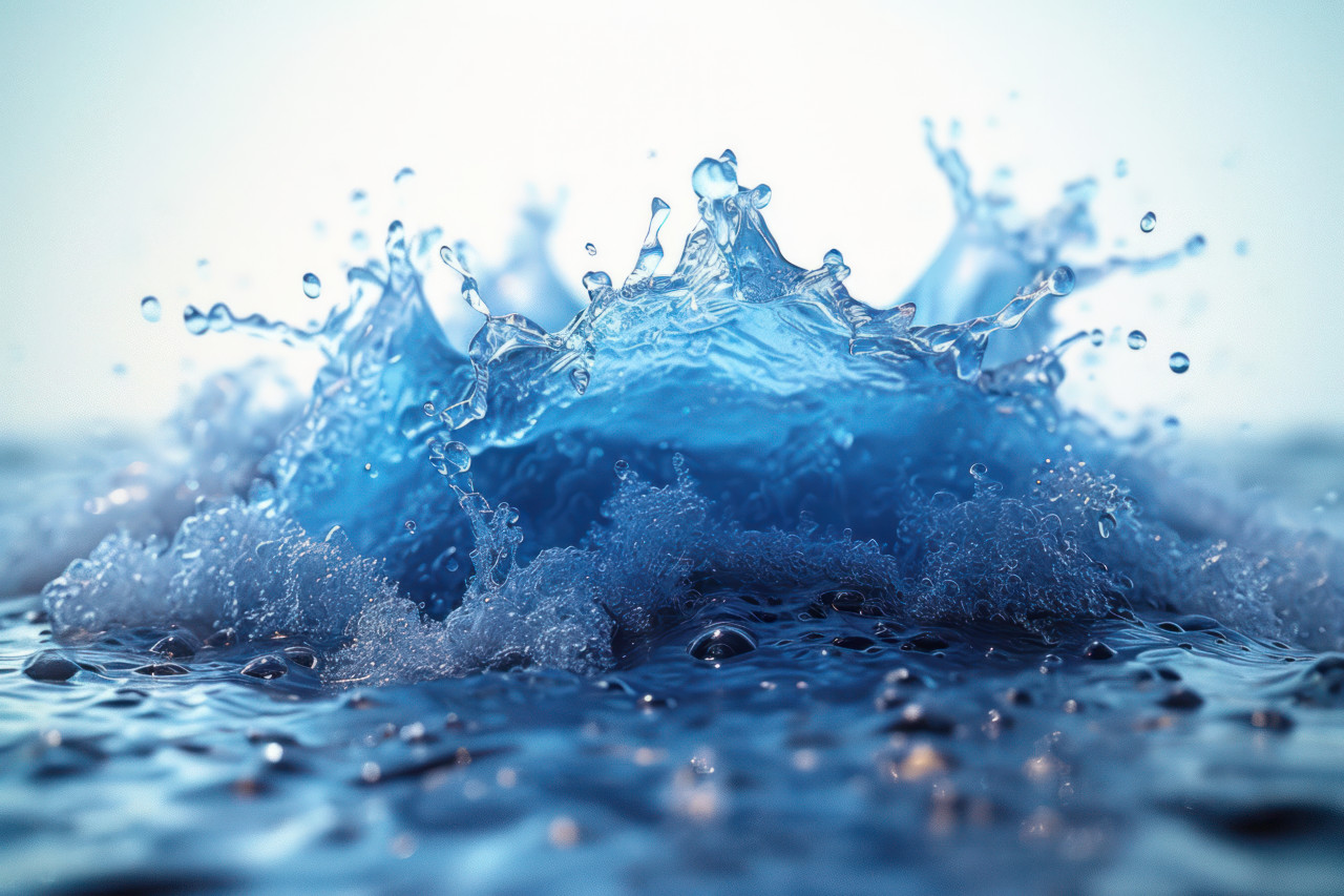 Vivid blue water splash on a clean white background capturing the dynamic beauty of liquid motion, water flow concept
