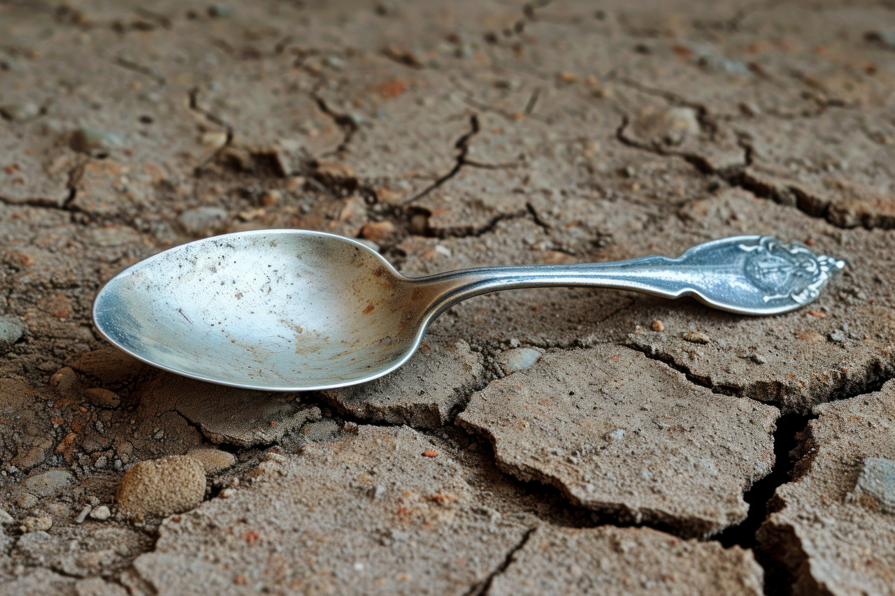 Lonely spoon rests on cracked dirt floor abandoned and weathered telling a silent story of hardship and scarcity, global water issues photo