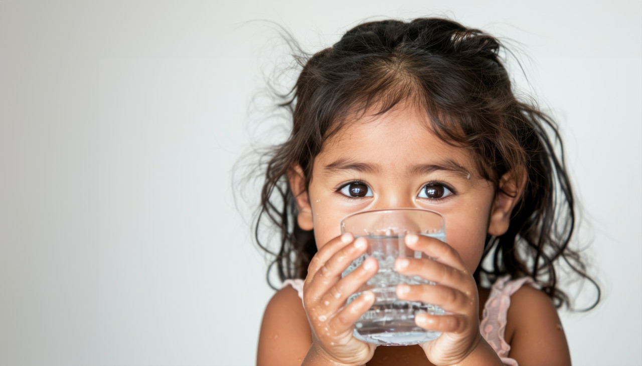 Small dark haired child drinks water using hands as a cup in a refreshing and innocent moment, children and water picture